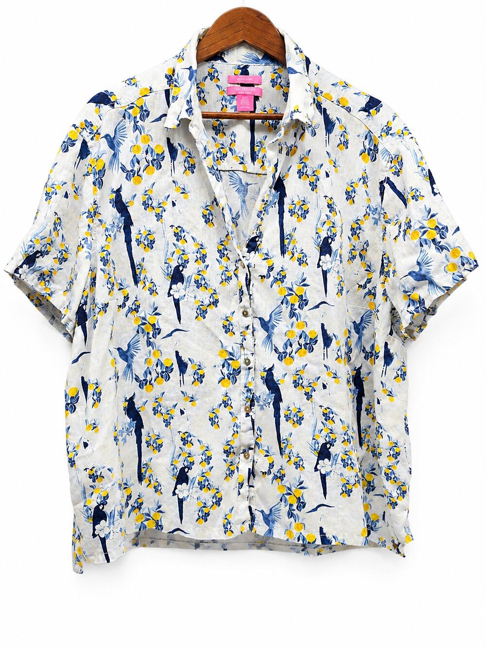 Isaac Mizrahi New York 3X 100% Linen Bird Citrus Print Button Down Shirt